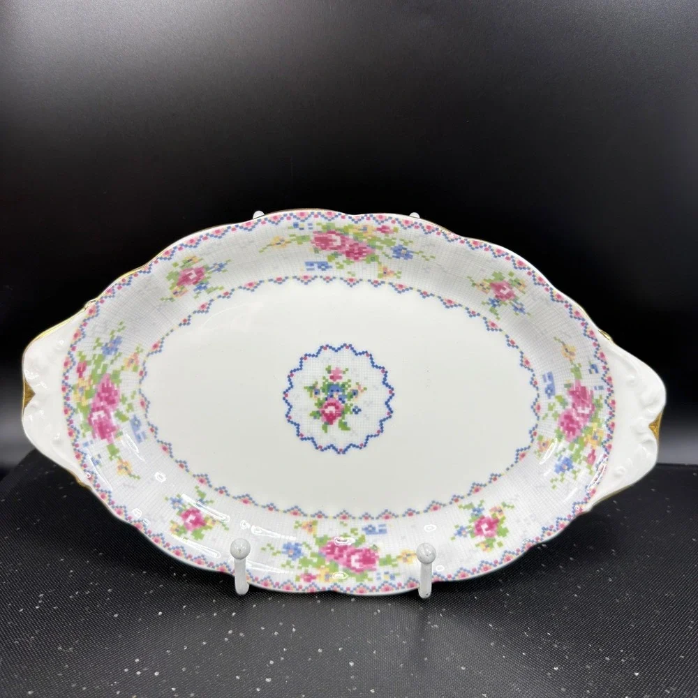 Royal Albert Petit Point China Oval Serving Platter Floral Gold Trim England 10